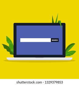 Search, conceptual illustration. Computer screen. Laptop and plant leaves / flat editable vector illustration