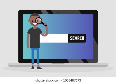 Search conceptual illustration. Millennial character looking through the magnifying glass / flat editable vector illustration