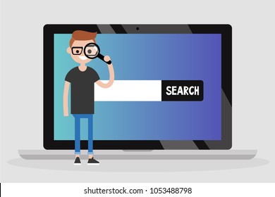 Search conceptual illustration. Millennial character looking through the magnifying glass / flat editable vector illustration