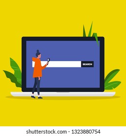 Search conceptual illustration. Young female character looking through the magnifying glass. Laptop / flat editable vector illustration