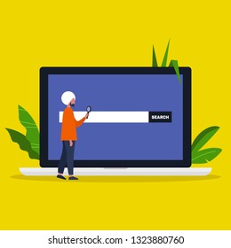 Search conceptual illustration. Young indian male character looking through the magnifying glass. Laptop / flat editable vector illustration