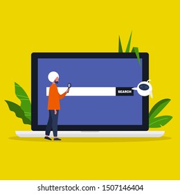 Search conceptual illustration. Young indian male character looking through the magnifying glass. Laptop. Artificial intelligence technologies. Personal assistant. / flat editable vector illustration