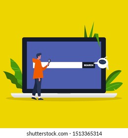 Search conceptual illustration. Young male character looking through the magnifying glass. Laptop. Artificial intelligence technologies. Personal assistant. / flat editable vector illustration