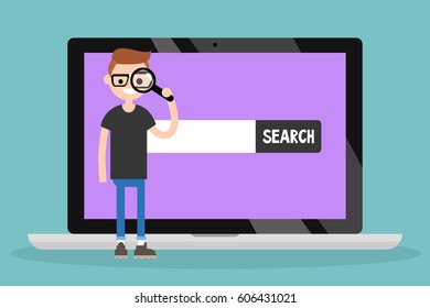 Search conceptual illustration. Young nerd looking through the magnifying glass / flat editable vector illustration