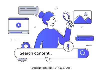 Inhalt der Suchen ist einfach. Frau mit Lupe in der Nähe von SEO-System. Informationen und Wissen im Internet. Mädchen mit Online-Dateien. Doodle flache Vektorillustration isoliert auf weißem Hintergrund