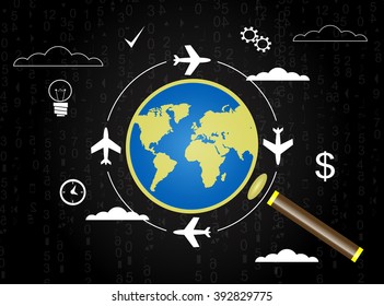 Search convenient flight, planning air travel, vacation concept modern backround with magnifier and globe. Vector