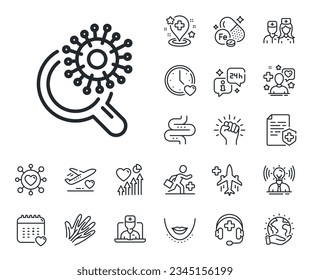 Search Covid-19 virus vaccine sign. Online doctor, patient and medicine outline icons. Coronavirus research line icon. Corona virus test symbol. Coronavirus research line sign. Vector