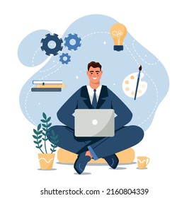Search for creative ideas. Innovative thinking and brainstorming. Man with crossed legs working on laptop. Male entrepreneur with light bulb, books and brush. Cartoon flat vector illustration.