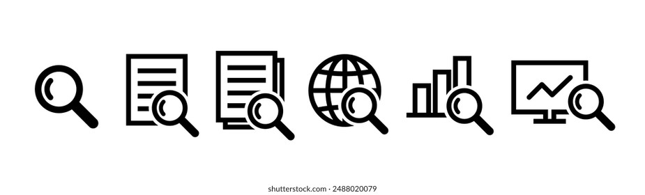 Búsqueda, análisis de datos y conjunto de iconos de investigación. Lupa, documentos, tierra, gráfico, ordenador, etc.