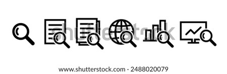 Search, data analysis and research icon set. Magnifying glass, documents, earth, graph, computer, etc.