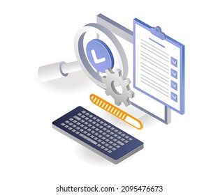 Search data and check the update test in isometric illustration