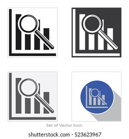 Search data in the graph with a magnifier tool. Set icon of flat style. Vector illustration.