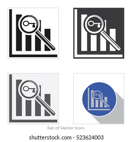 Search data in the graph with a magnifier tool. Set icon of flat style. Vector illustration.