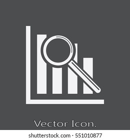 Search data in the graph with a magnifier tool. Icon isolated sign symbol and flat style for app, web and digital design. Vector illustration.