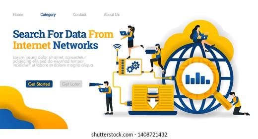 Search For Data From Internet Network. analyze data search results to save to database. Vector flat illustration concept, can use for, landing page, template, ui, web, homepage, poster, banner, flyer