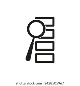 Search in data stack. Magnifying glass on documents. Analysis and research icon. Vector illustration. EPS 10.