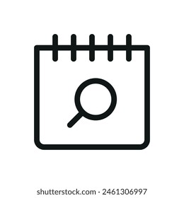 Búsqueda fecha aislada, calendario con el símbolo buscar Vector icono con trazo editable