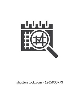Search date vector icon. filled flat sign for mobile concept and web design. Calendar reminder and magnifier simple solid icon. Symbol, logo illustration. Pixel perfect vector graphics