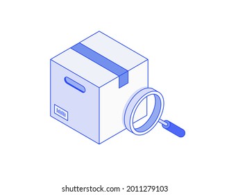 Search delivery carton paper box, cargo logistic packaging and loupe isometric illustrate 3d vector icon. Modern creative design illustration in flat line style.