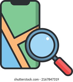 Search the destination on navigator map, building a route, using a smartphone on the road, web vector icon. Isolated vector illustration. EPS 10.
