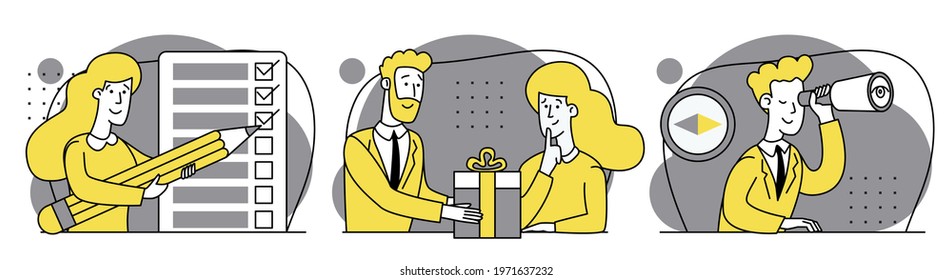 Search for development strategy. Promotion, gift, offer for customers' interest. Personal productivity, efficiency and time management concept. Set of business scenes at office. Outline illustrations