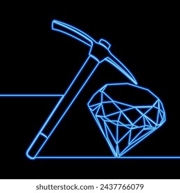 Búsqueda de diamantes en la mina con un pico. extracción de joyería icono neón brillante vector concepto de ilustración