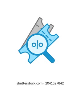 Search Discount Voucher Not Found Simple Icon Blue With Magnifying Glass. Search Tickets And Gift Card Flat Design Illustration. In White Artboard Or Background. Coupon Voucher Icon.