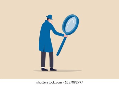 Search, Discover, Analyze Report Or Specialist Investigate And Research For Insight Information Concept, Curiosity Guy Detective Holding Huge Magnifying Glass And Thinking About Evidence And Result.