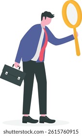 Search, discover, analyze report or specialist investigate and research for insight information concept, curiosity guy detective holding huge magnifying glass and thinking about evidence and result.

