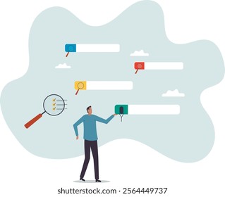 Search or discover new information, find new job or career available, research and analyze information, SEO website optimization, searching.business concept.flat character.