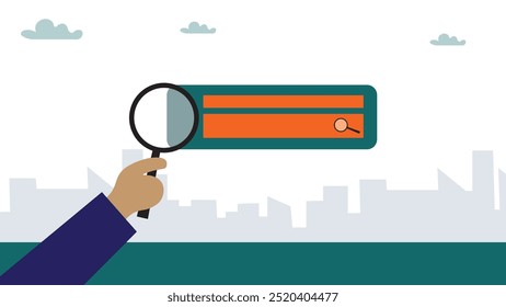 Suchen, entdecken oder forschen, SEO, Suchmaschinenoptimierung, Informationen finden, neue Arbeit oder erforschen Websites Konzept, Geschäftsmann mit Lupe entdecken Sie neue Websites aus der Suchbox.