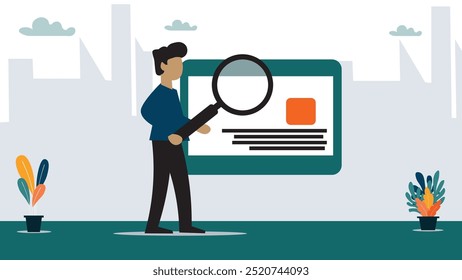 Search, discover or research, SEO, search engine optimization, finding information, new job or explore websites concept, businessman with magnifying glass discover new websites from search box.