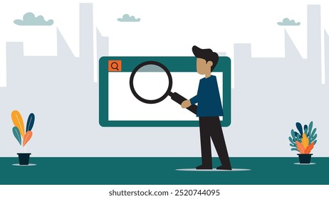 Pesquisar, descobrir ou pesquisar, SEO, otimização do mecanismo de pesquisa, encontrar informações, novo emprego ou explorar o conceito de sites, empresário com lupa descobrir novos sites a partir da caixa de pesquisa.