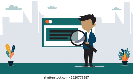 Búsqueda, descubrimiento o investigación, SEO, optimización de motores de búsqueda, encontrar información, nuevo trabajo o concepto de Sitios web de Explore, hombre de negocios con lupa descubra nuevos Sitios web desde el cuadro de búsqueda.