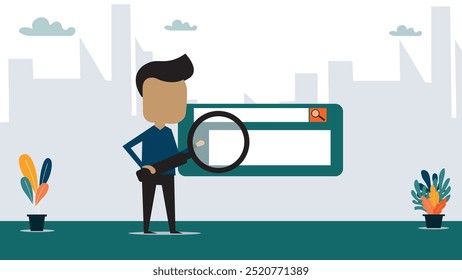 Búsqueda, descubrimiento o investigación, SEO, optimización de motores de búsqueda, encontrar información, nuevo trabajo o concepto de Sitios web de Explore, hombre de negocios con lupa descubra nuevos Sitios web desde el cuadro de búsqueda.