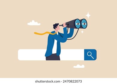 Search and discovery career or job opportunity, looking for job vacancy, marketing insight, find new success, research or observation concept, businessman look with spyglass, binoculars on search bar.