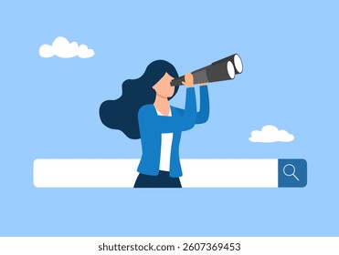 Search and discovery career or job opportunity, looking for job vacancy, marketing insight, find new success, research or observation concept, businessman look with spyglass, binoculars on search bar.