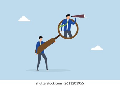 Search and discovery career opportunity, businessman with magnifying glass help search job.