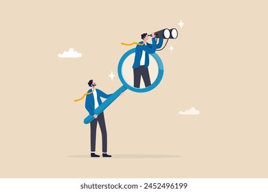 Search and discovery career opportunity, search for new job, find resource or job vacancy, support or career development advice, finding solution, businessman with magnifying glass help search job.