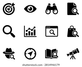 search and discovery solid glyph icon set, black vector symbols for document lookup, research analysis and investigation on transparent background