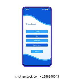 Search doctor smartphone interface vector template. Mobile app page white design layout. Doctor finder screen. Flat UI for application. Medical appointment booking. Online consultation. Phone display