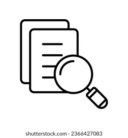 search document book file line icon style. Find Paper page with magnifying glass tool symbol. Magnifier for lupe document. Seo audit logo. Vector illustration. Design on white background. EPS 10