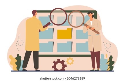 Search document or file. Man and woman with magnifying glasses looking for information in computer. Optimization and organization of data. Cartoon flat vector illustration isolated on white background
