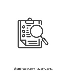 Search document line icon. Document and magnifier linear style sign for mobile concept and web design. Research results outline vector icon. Symbol, logo illustration. Vector graphics