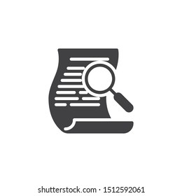 Search document vector icon. filled flat sign for mobile concept and web design. Document with magnifying glass glyph icon. Symbol, logo illustration. Vector graphics