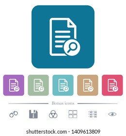 Search document white flat icons on color rounded square backgrounds. 6 bonus icons included