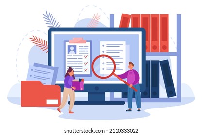 Search of documents in database by users with magnifying glass. Tiny people searching digital files and organized archives of information flat vector illustration. Data storage, source concept