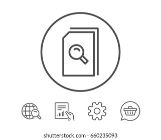 Search Documents line icon. File with Magnifying glass sign. Paper page concept symbol. Hold Report, Service and Global search line signs. Shopping cart icon. Editable stroke. Vector