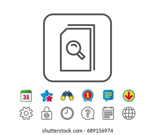 Search Documents line icon. File with Magnifying glass sign. Paper page concept symbol. Calendar, Globe and Chat line signs. Binoculars, Award and Download icons. Editable stroke. Vector