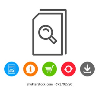 Search Documents line icon. File with Magnifying glass sign. Paper page concept symbol. Report, Information and Refresh line signs. Shopping cart and Download icons. Editable stroke. Vector